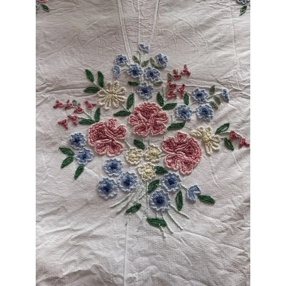 1950's Floral Chenille Bedspread 104”X 96” Shabby Chic Cottagecore Needle Tuft